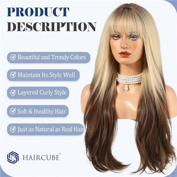 Long Blonde Mixed Chocolate Brown Wig with Bangs Layered Curly Wigs - Picture 2 of 6